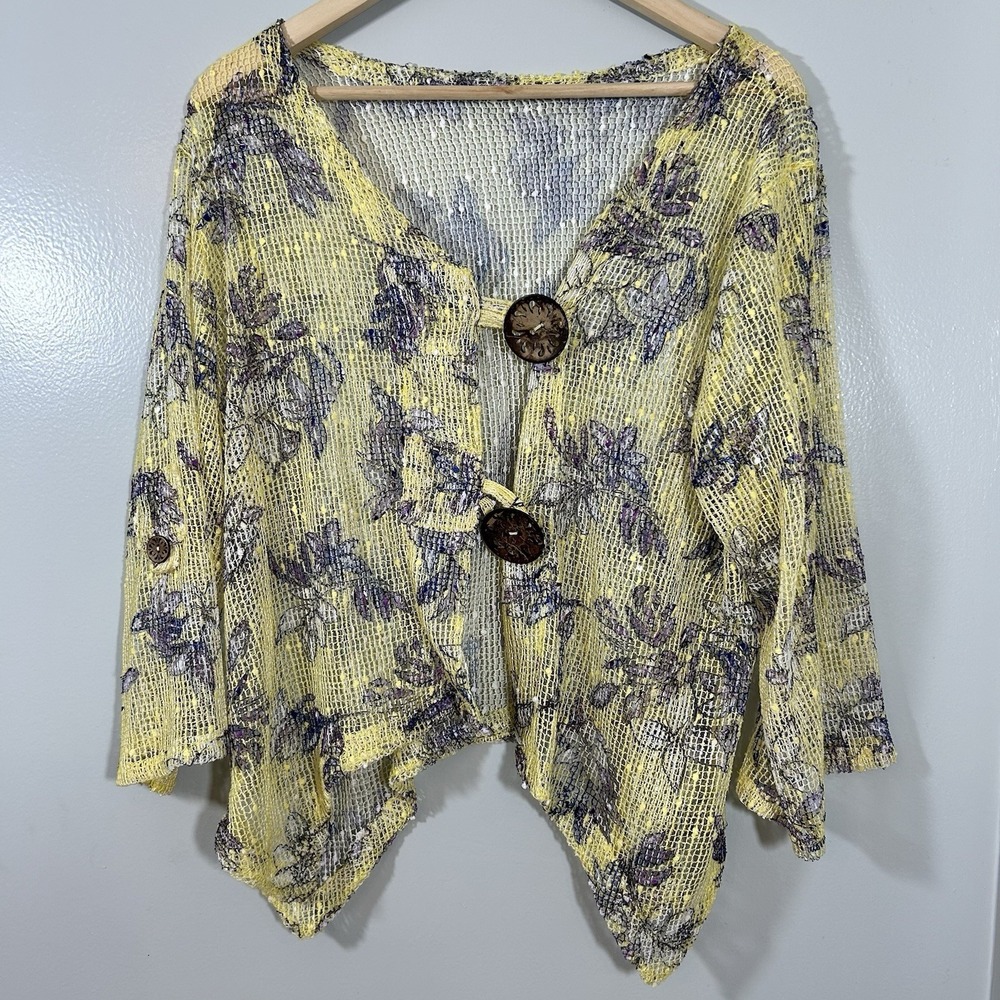 Nina Leonard Women's Net Crochet Cardigan XL Yellow See Through Boho